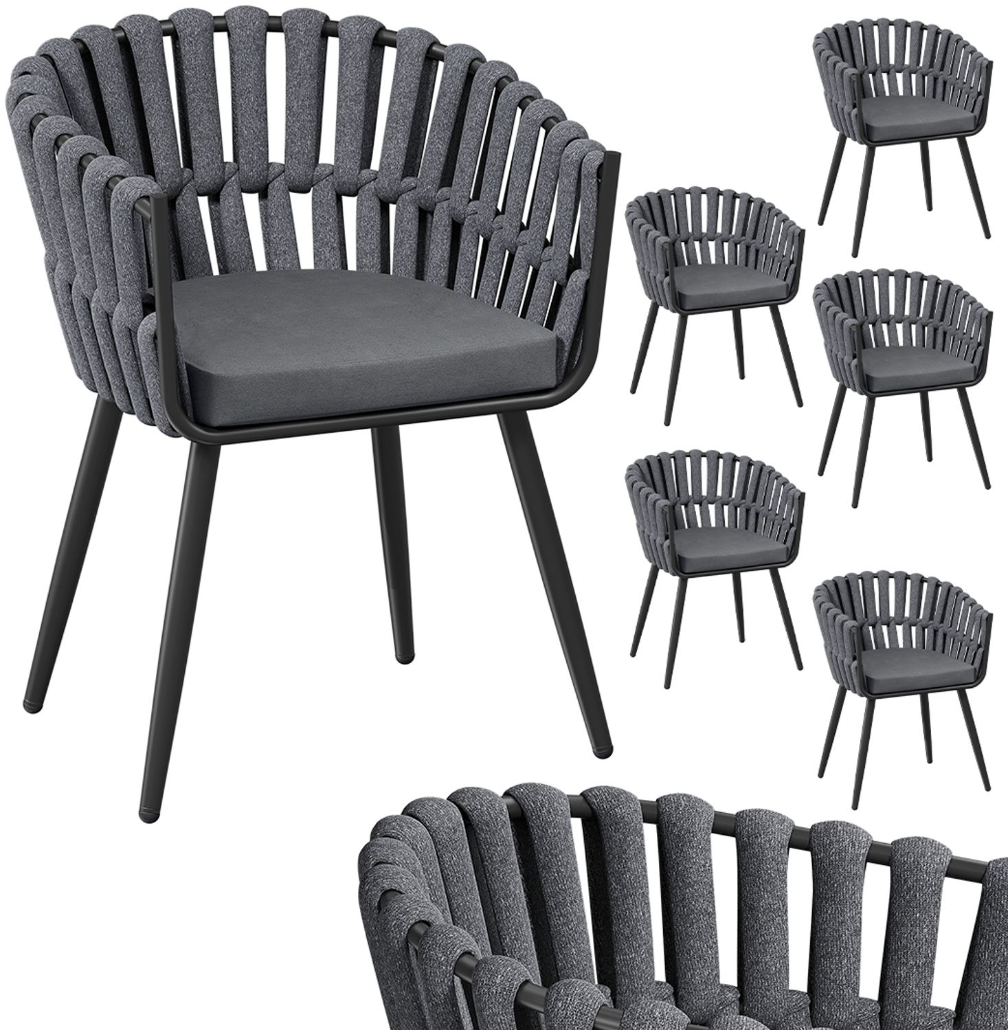 STEELSØN 'Tarian' Gartenstuhl im Rope Design, 6er-Set, dunkelgrau, Loungesessel bis 120 kg belastbar, inkl. Sitzkissen, wetterfest & höhenverstellbar Bild 1