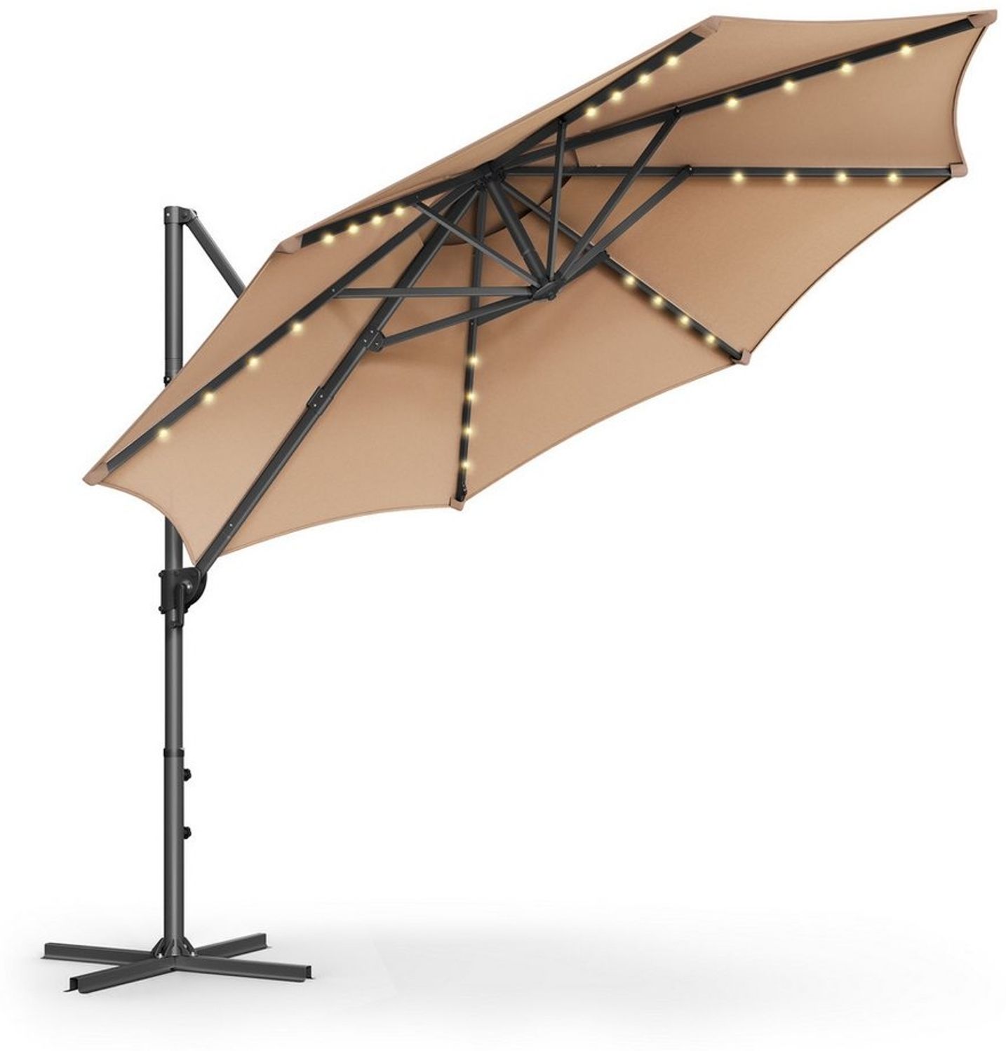 Songmics Sonnenschirm, Ampelschirm, 300 cm, 28 Solar-LED-Leuchten, UPF 50+, Gartenschirm, um 360° drehbar, Neigungswinkel stufenlos verstellbar, mit Kurbel, Kreuzfuß,kamelbraun Bild 1