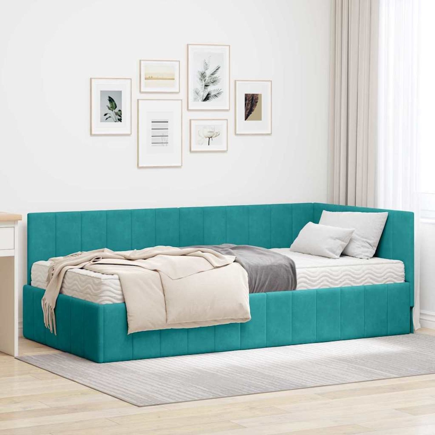 vidaXL Eckbettgestell mit Matratze mit Kopfteil 2 pcs Türkis Samt 3393866 Bild 1