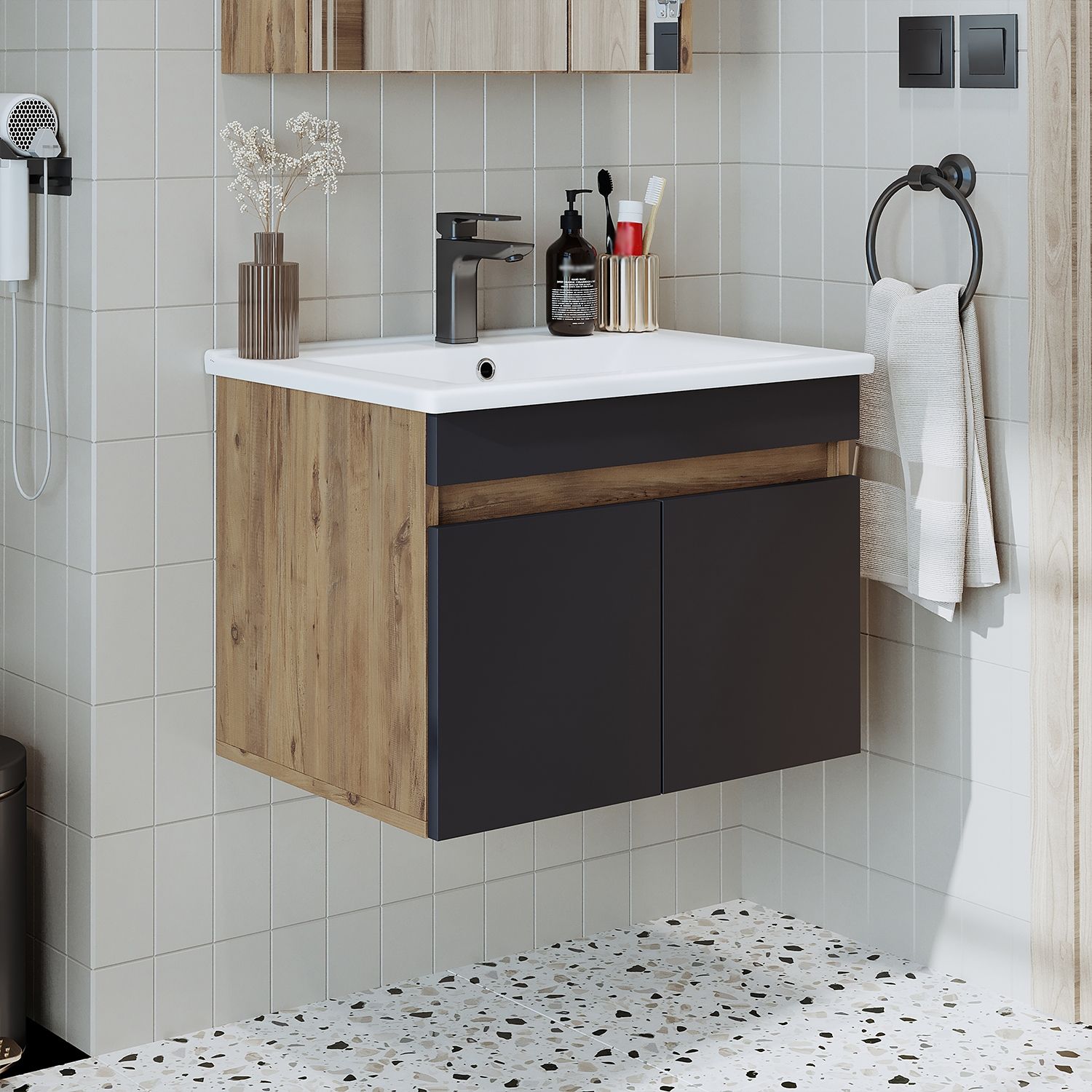 Roomart ATRIA-65 Badmöbel Set– 2-teiliges Badezimmermöbel Set - Waschbecken mit Unterschrank - H 45 x B 45 x T 65 cm • Anthrazit-Eiche Bild 1