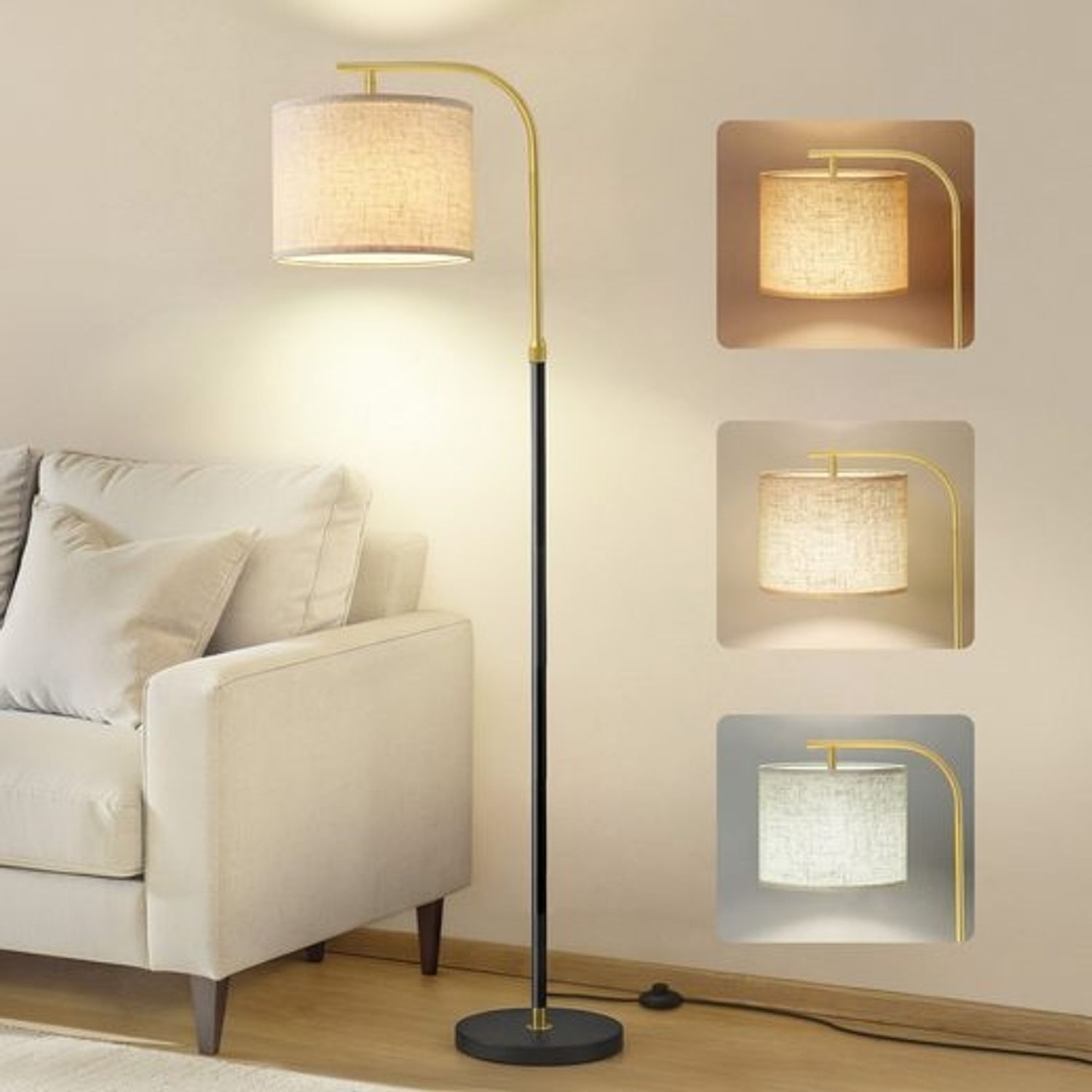 VASAGLE Stehlampe modern mit höhenverstellbarem Bogen, Leselampe mit Fußschalter, für Wohnzimmer, Stoffschirm, E27, schwarz Bild 1