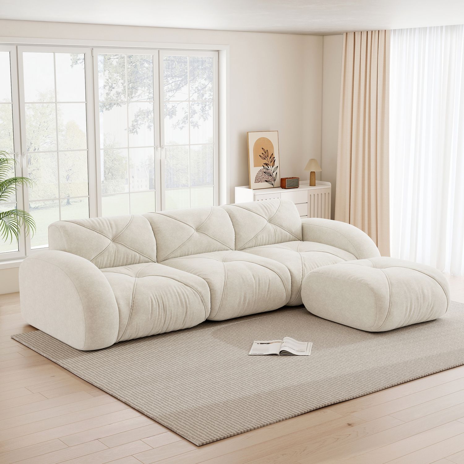 3-Sitzer Sofa 281×171×76 cm aus Chenille rahmenlos modular mit Hockern, weiß Bild 1