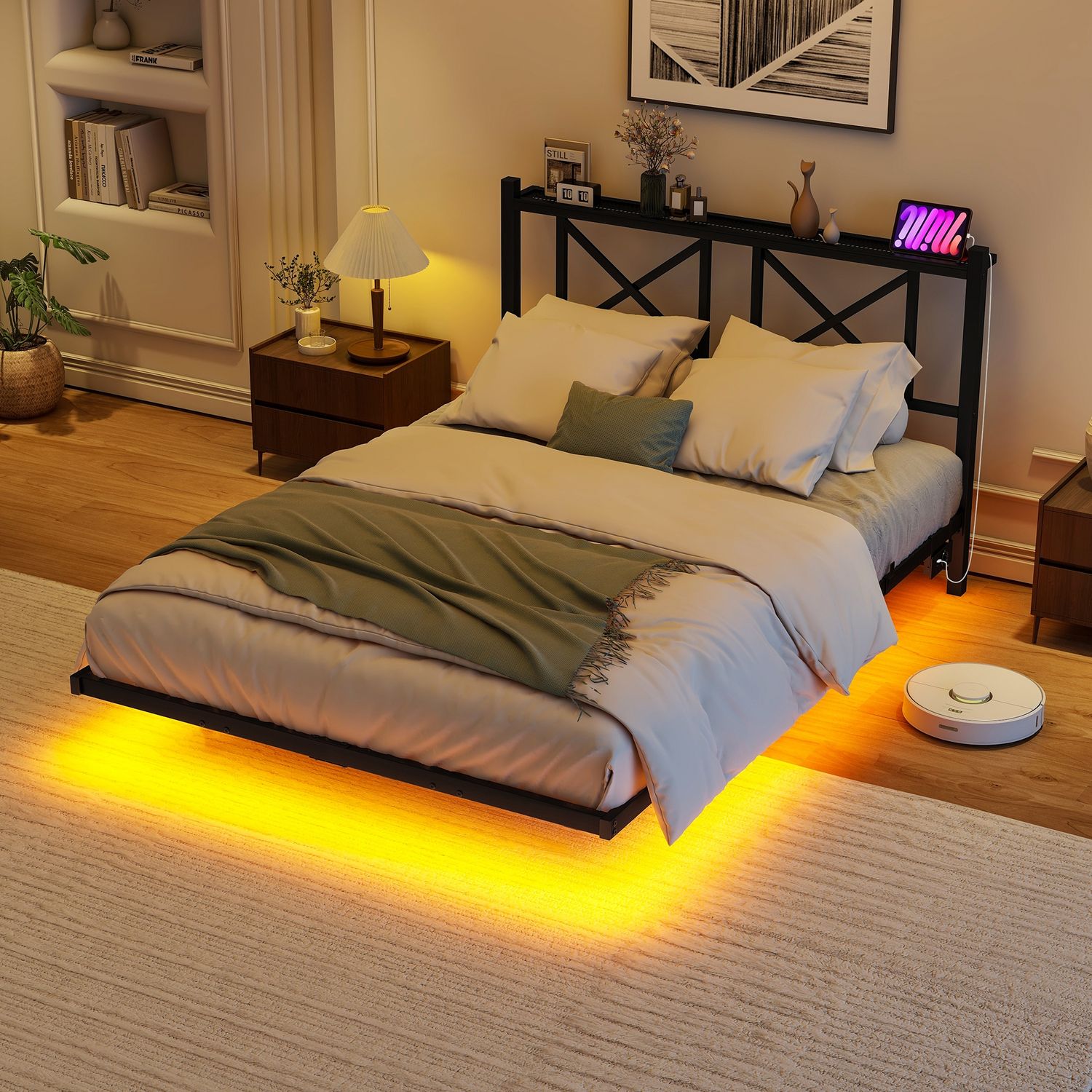 Flieks Doppelbett 120x200cm mit Kopfteil, Schwebebett mit LED-Beleuchtung & Ladestation, Schwarz Bild 1