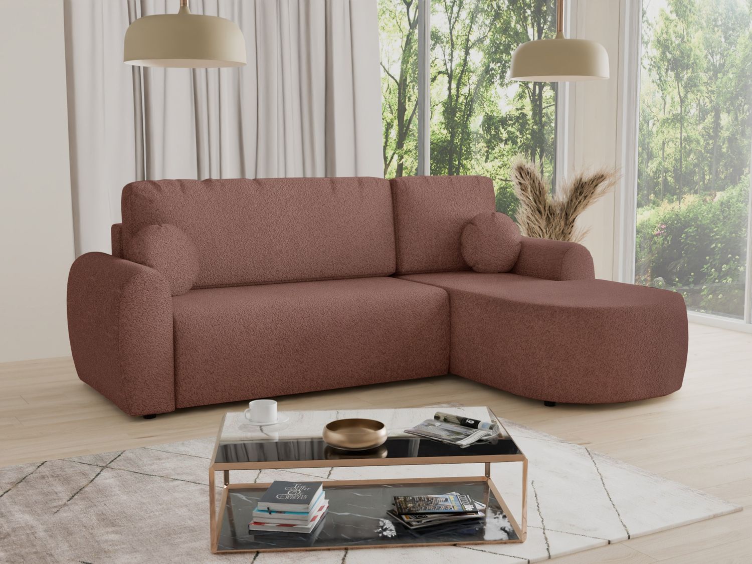 Ecksofa Jazz mit Schlaffunktion und Bettkasten - Bouclé-Stoff - L-Form Couch, Polstersofa, Schlafsofa, Sofagarnitur, Bettsofa (Rosa (Coral 45), Ecksofa Rechts) Bild 1