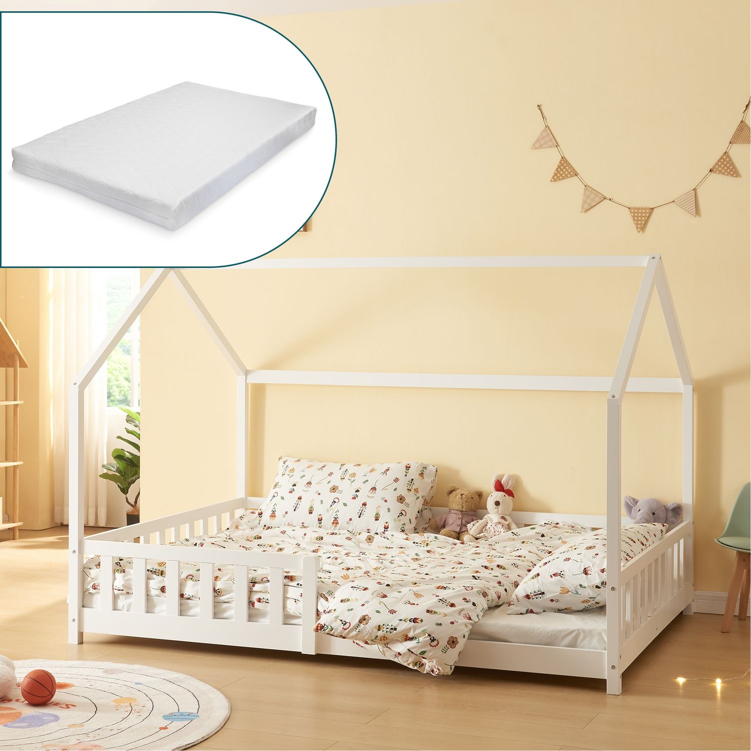 Hausbett Hesel, Kinderbett, Lattenrost und Matratze, Weiß, 140x200 cm Bild 1