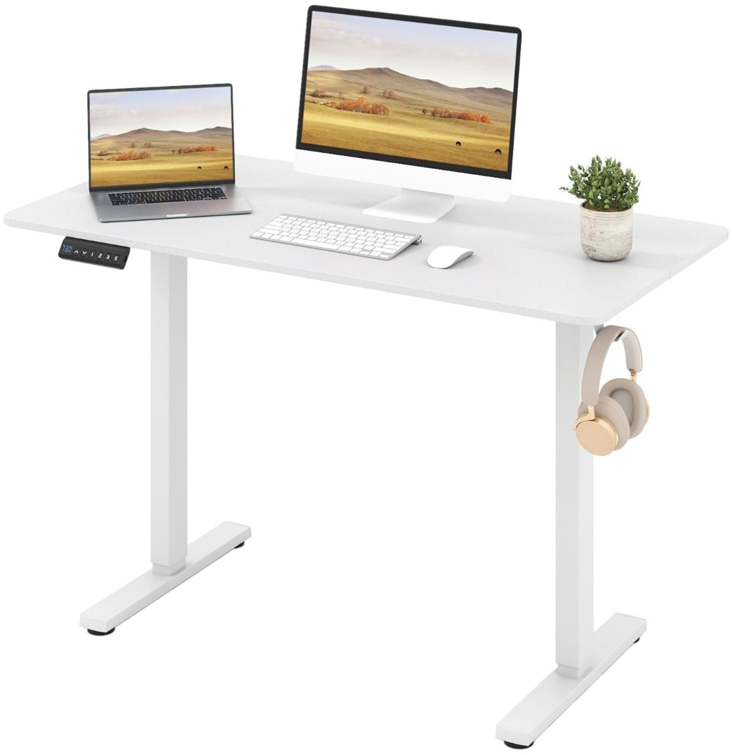 120 x 60 cm Höhenverstellbarer Schreibtisch mit Haken Elektrischer Stehschreibtisch Weiß Bild 1