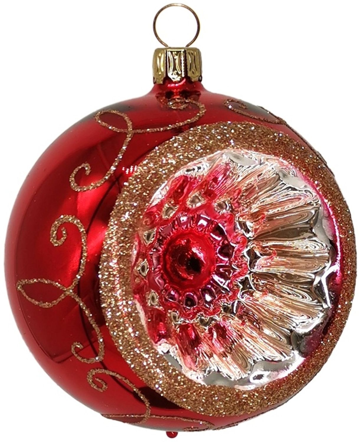 Reflexkugel Ø 6cm, Rot glänzend, Spitzenbordüre - Schatzhauser Weihnachtsschmuck Bild 1
