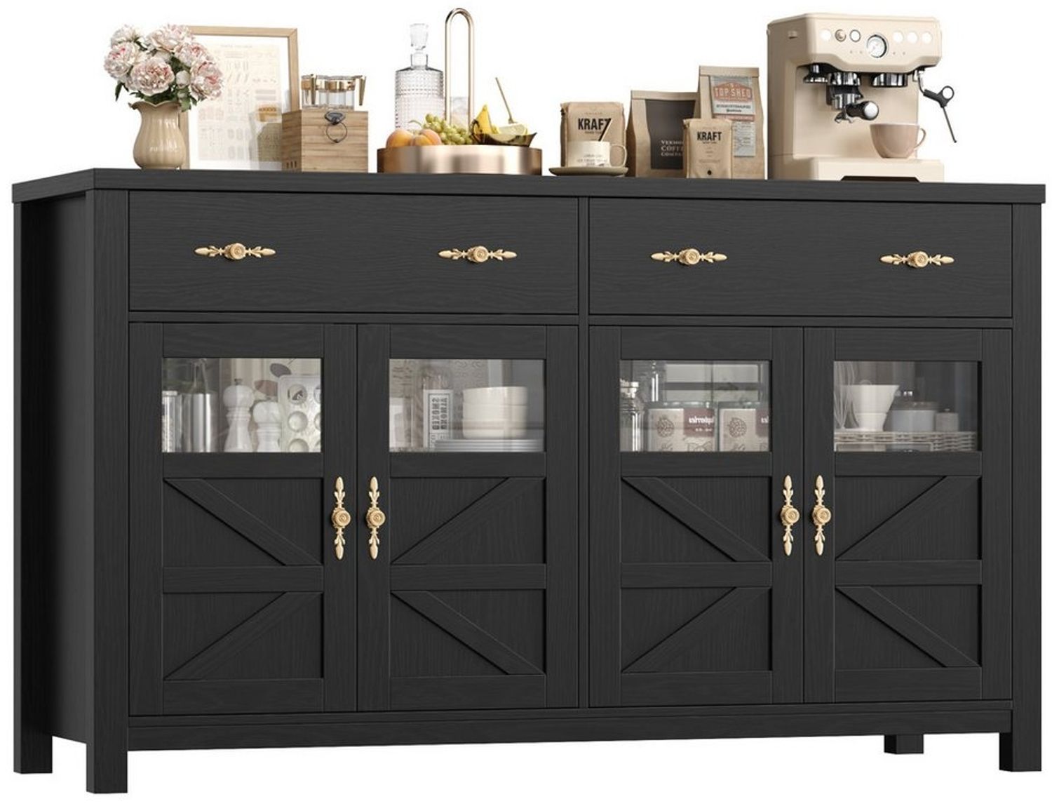 Homfa Sideboard Küchenschrank Buffetschrank Küchenbuffet, mit 2 Schubladen 4 Glastüren für Wohnzimmer Küche 140x40x90 cm schwarz Bild 1