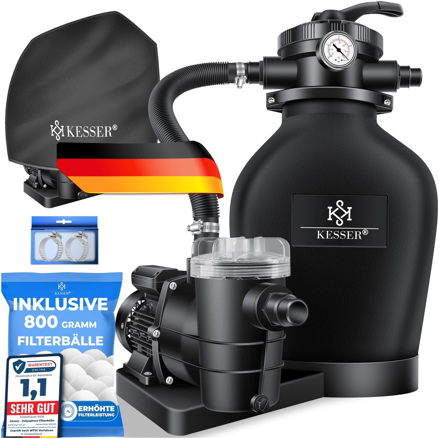 KESSER® Sandfilteranlage Sandfilter + 800g Filterbälle ersetzen 25kg Filtersand 7-Wege Ventil mit Druckanzeige Poolfilter 10 m³/h Filteranlage Filterkessel für Pool Schwimmbecken 10.200 L/h Schwarz Bild 1