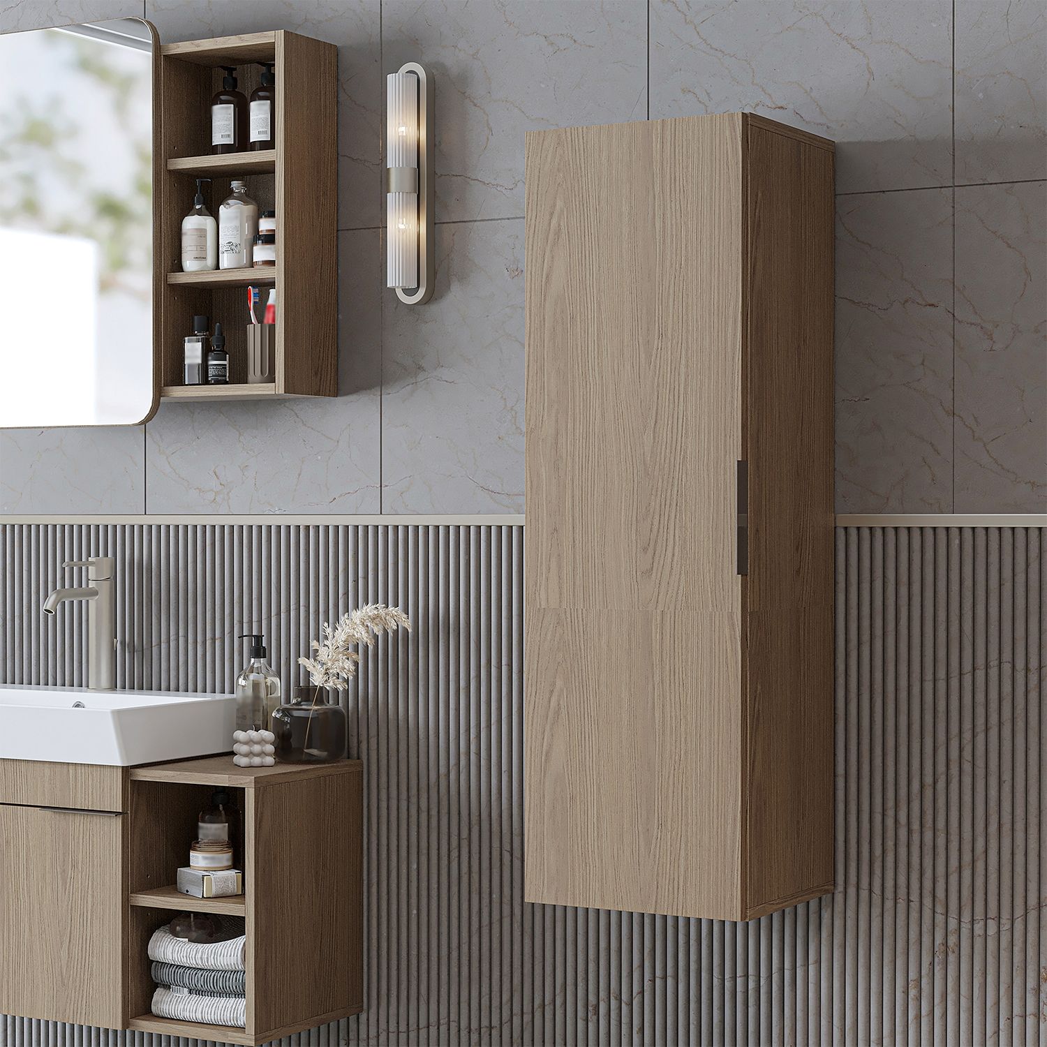 Roomart LYCIA-120 Badmöbel - nur Hochschrank - H 114 x B 32 x T 35 cm • Eiche(Hell) Bild 1