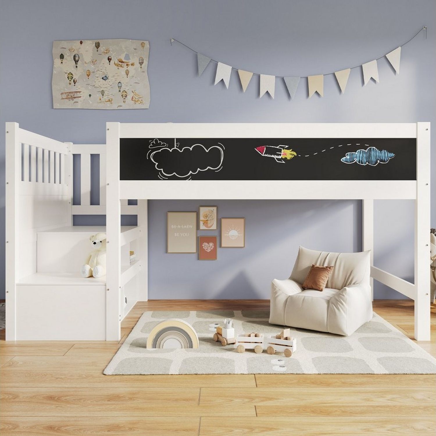 Flieks Kinderbett, Massivholz Hochbett mit Tafel und Stauraumtreppe 90x200cm Bild 1