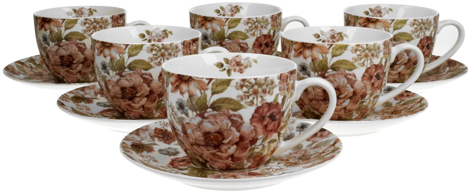 DUO FLORAL 6er-Set Tassen 220 ml PASTEL FLOWERS mit Untertassen, New Bone China Porzellan Bild 1