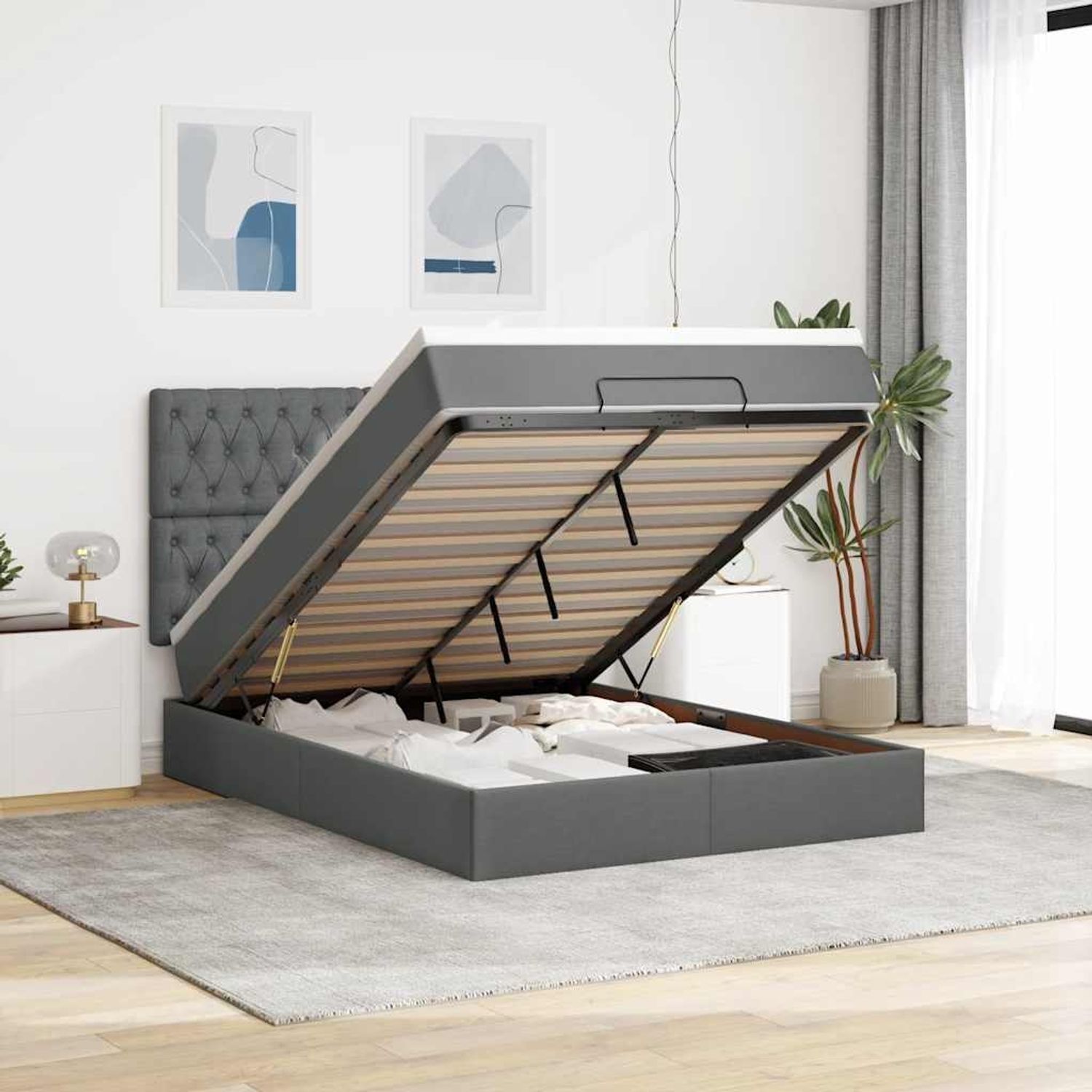 vidaXL Ottoman-Bett mit Matratze & LEDs Dunkelgrau 140x200 cm Stoff 3314094 Bild 1