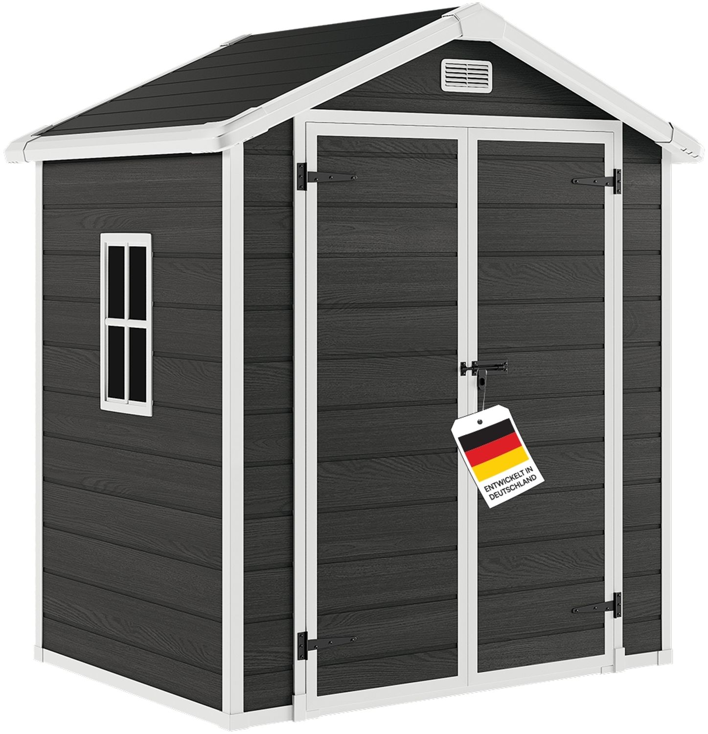 STEELSØN 'Novara' Gerätehaus Satteldach, Kunststoff, dunkelgrau mit Holzoptik, wetterfest, 210x134x182 cm, abschließbar, Gartenhaus mit Fenster Bild 1