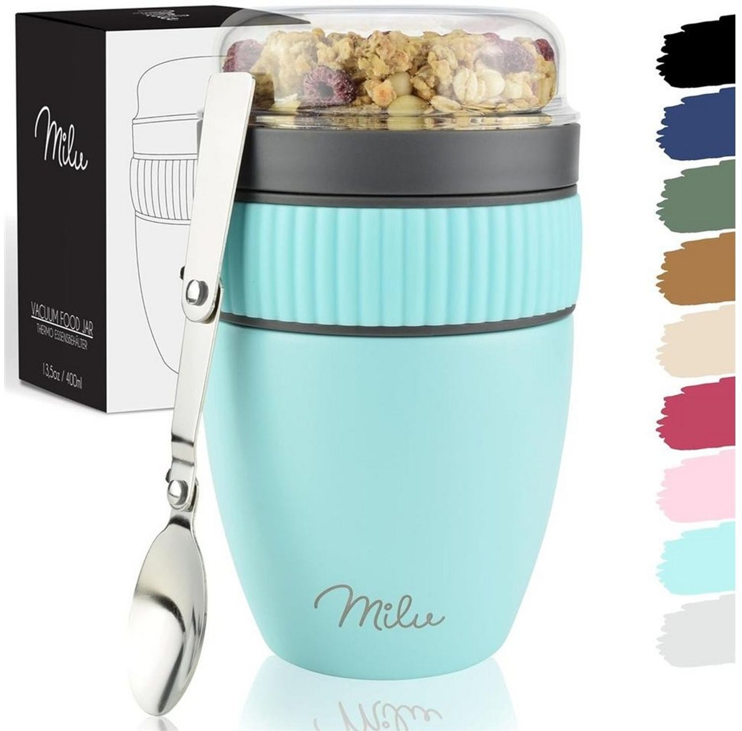 Milu Müslibox Müslibecher To Go Edelstahl 400 ml, isoliert, auslaufsicher, Müslimax Set Bild 1