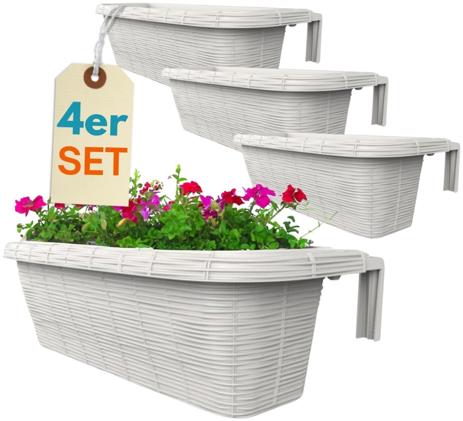 GarPet Balkonkasten 4er Set Blumen Kasten Balkon Geländer Wasserspeicher Rattan Weiß 60 cm Bild 1
