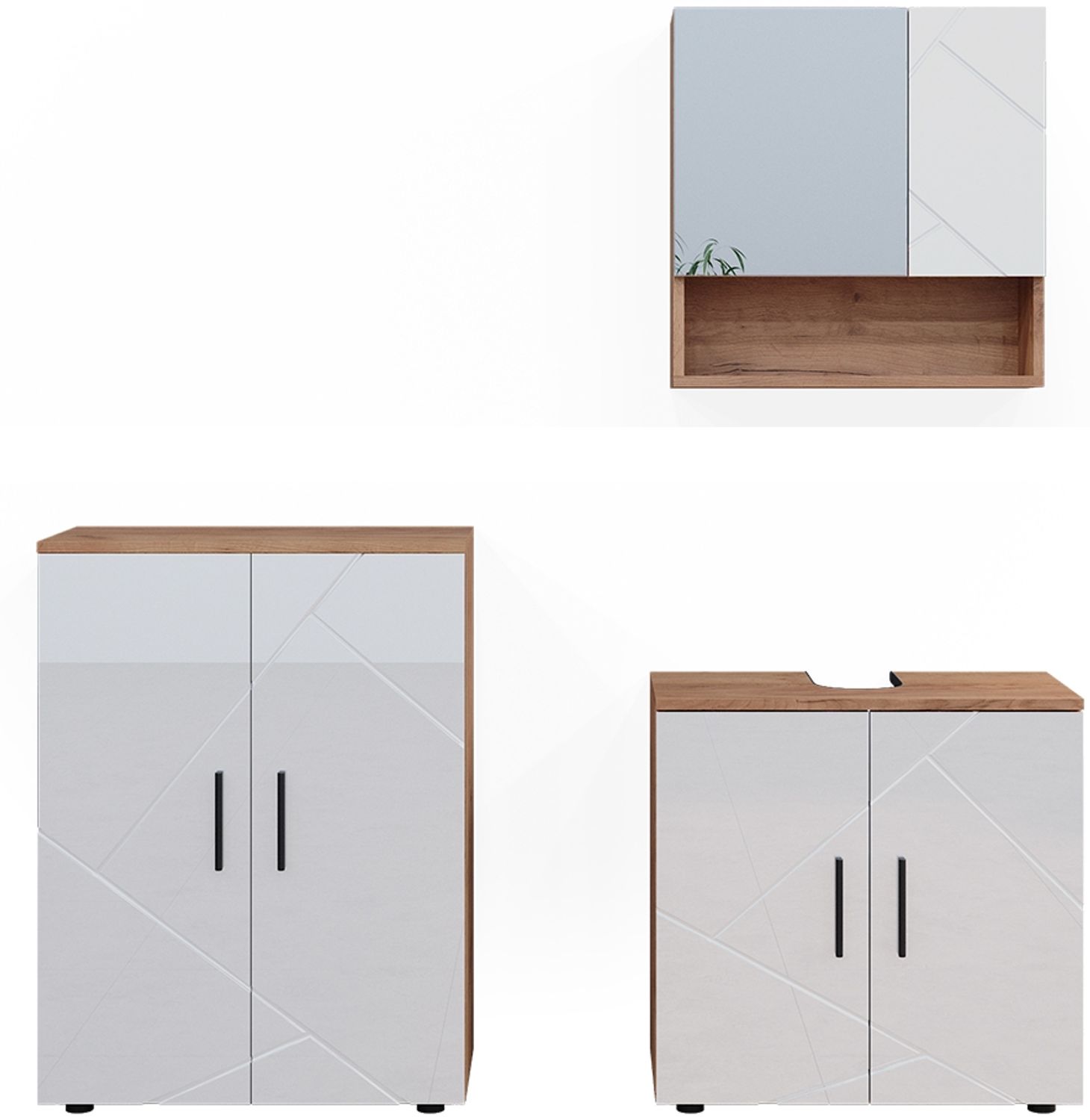 Badmöbel-Set Irma Weiß Hochglanz/Goldkraft Eiche 3 Teile, mit Unterschrank 60 cm Vicco Bild 1