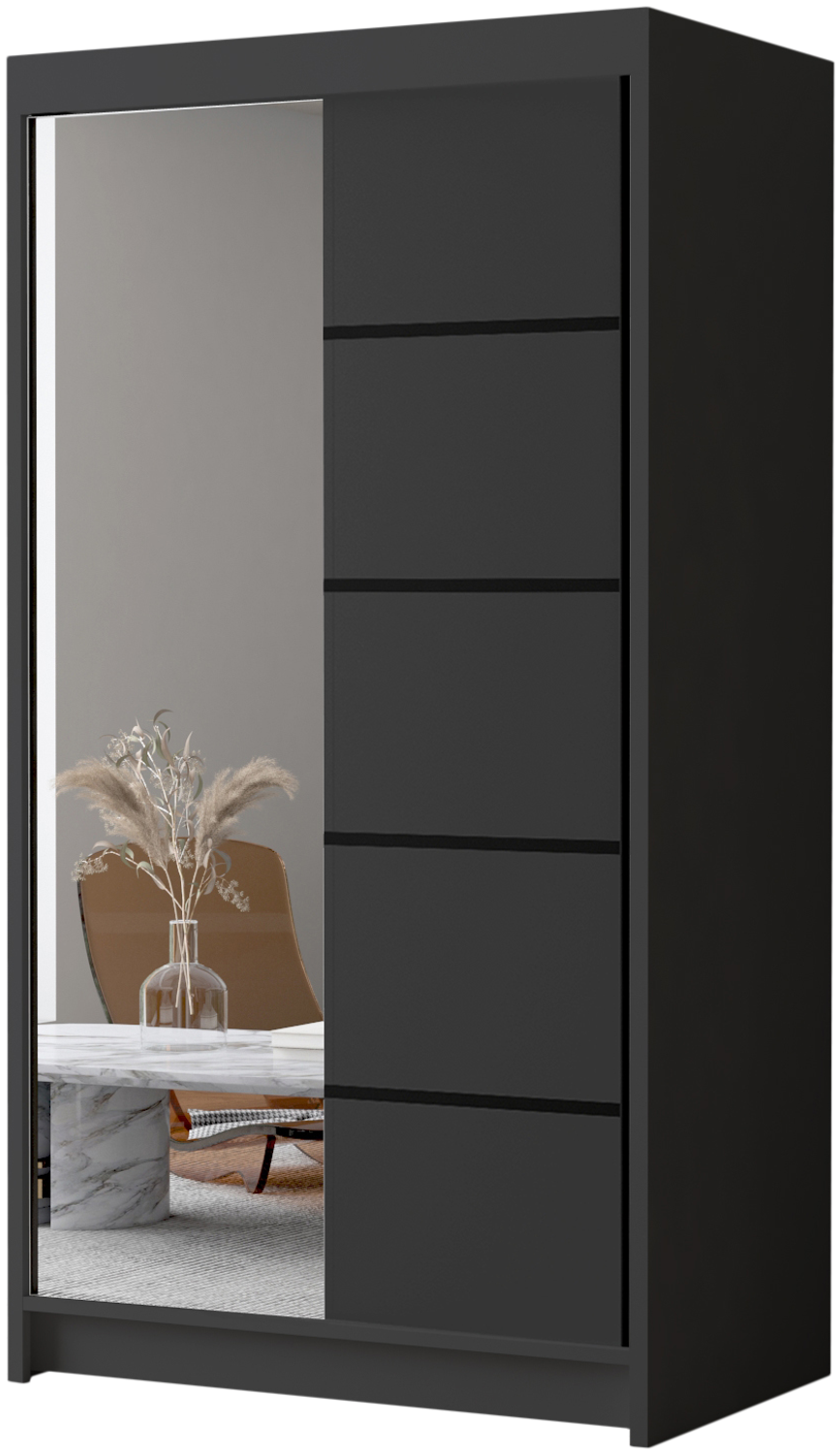 Schwebetürenschrank Letto III 100 cm mit Spiegel - Kleiderschrank, Schiebetürenschrank mit Kleiderstange und Einlegeboden, Schlafzimmerschrank, Schiebetüren - 100x200x58 cm (Schwarz) Bild 1