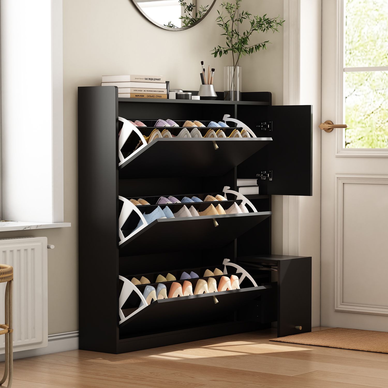 Vielseitiger Kipp-Schuhschrank mit 3 Klappschubladen, Stauraum-Eingangsorganizer mit Schublade, Freistehendes Schuhregal mit herunterklappbarer Sitzbank für den Flur, Schwarz, 119*24*122 Bild 1