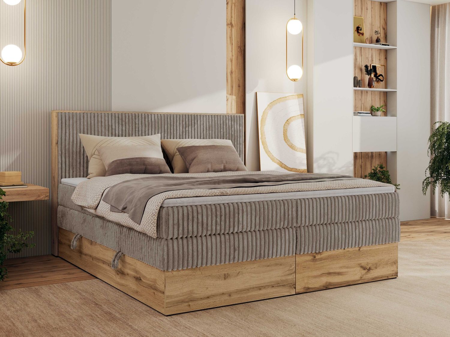Boxspringbett, Set mit zwei Multipocket-Matratze und Topper, hohe Kopfteil, Eiche Wotan Holzrahmen - WOOD CLASSIC KING - 160 x 200 cm - Hellbraun Cord - H3 Bild 1