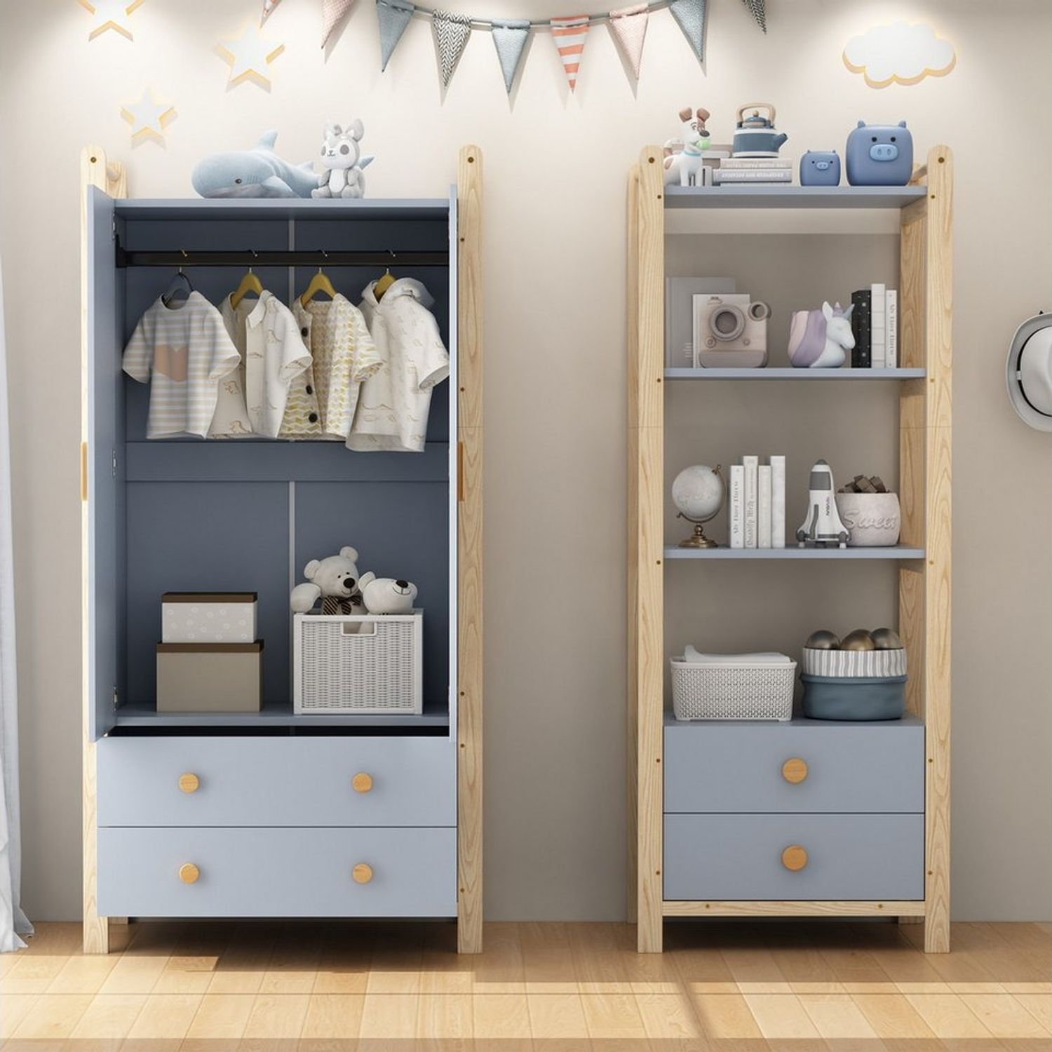 HAUSS SPOLE Kleiderschrank Kinderkleiderschrank+4 Ebenen Standregal mit Schubladen und Stange Bild 1