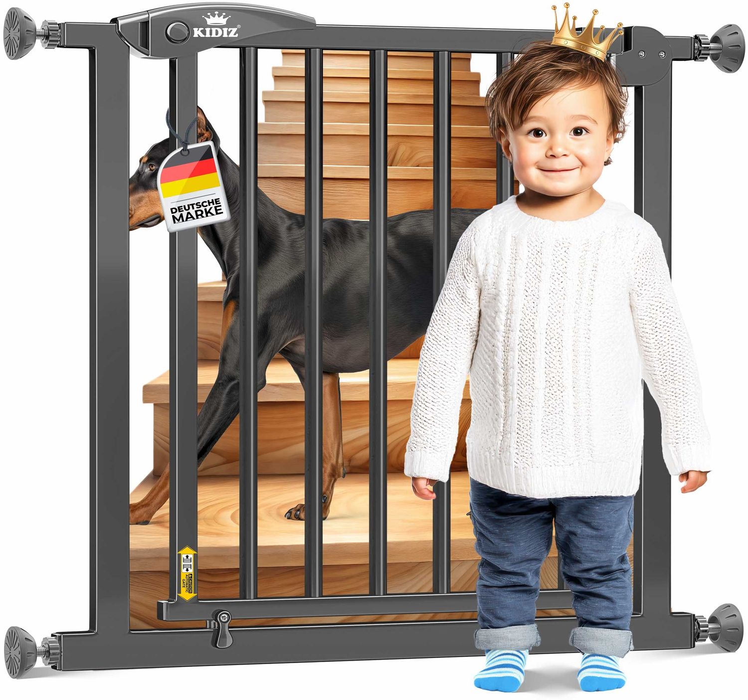 KIDIZ® Schutzgitter für Treppen | Tür, Auto Close Kindertreppengitter ohne Bohren | 90° Stop, Absperr Türschutzgitter, schwenkbare Trennwand, Treppenschutzgitter, Klemmen 102 - 115 cm Anthrazit +28 Bild 1