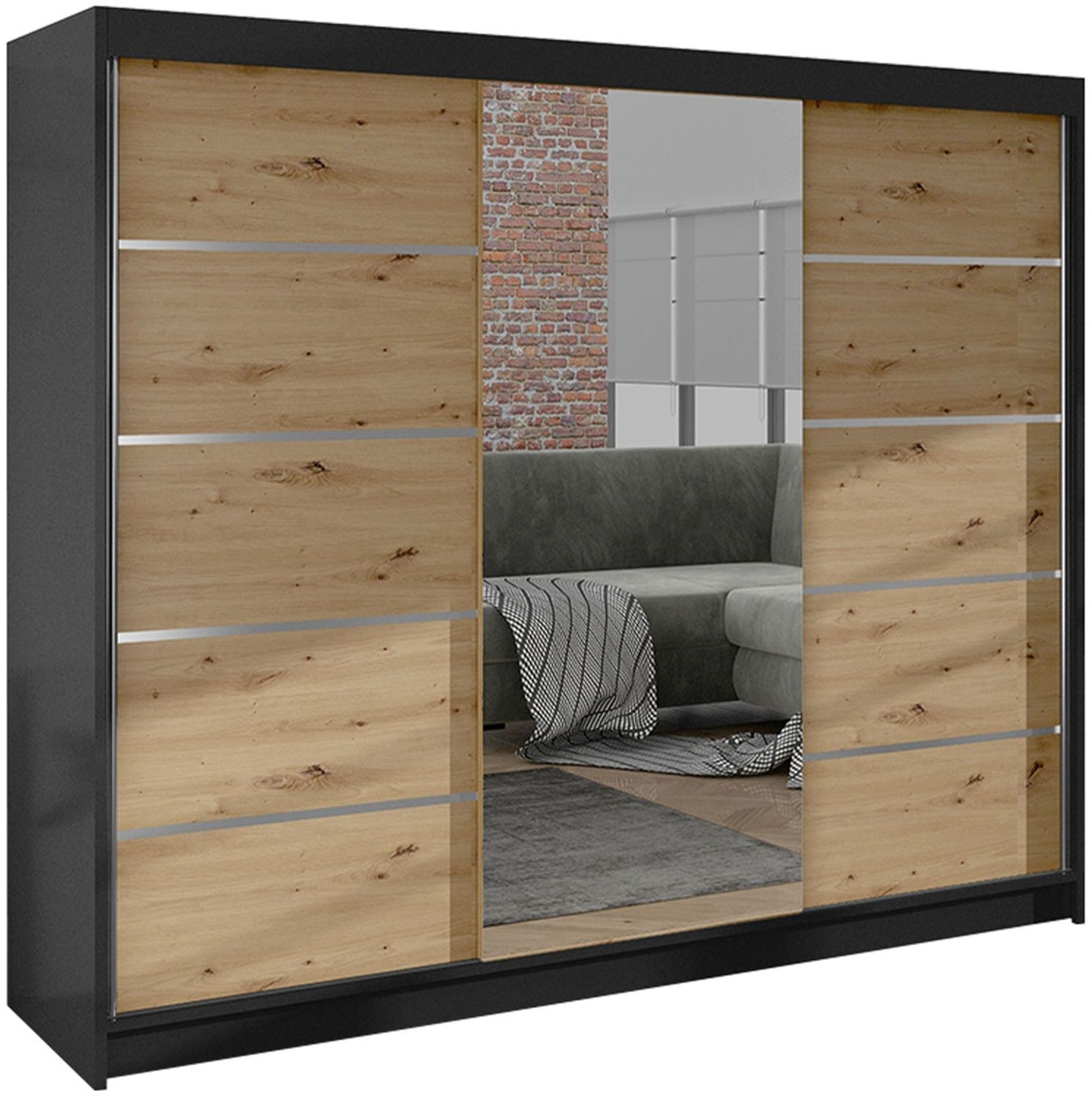'Dotan VI' Schiebetürenschrank mit Spiegel, Holz schwarz/Artisan Eiche, 200 x 215 x 58 cm Bild 1