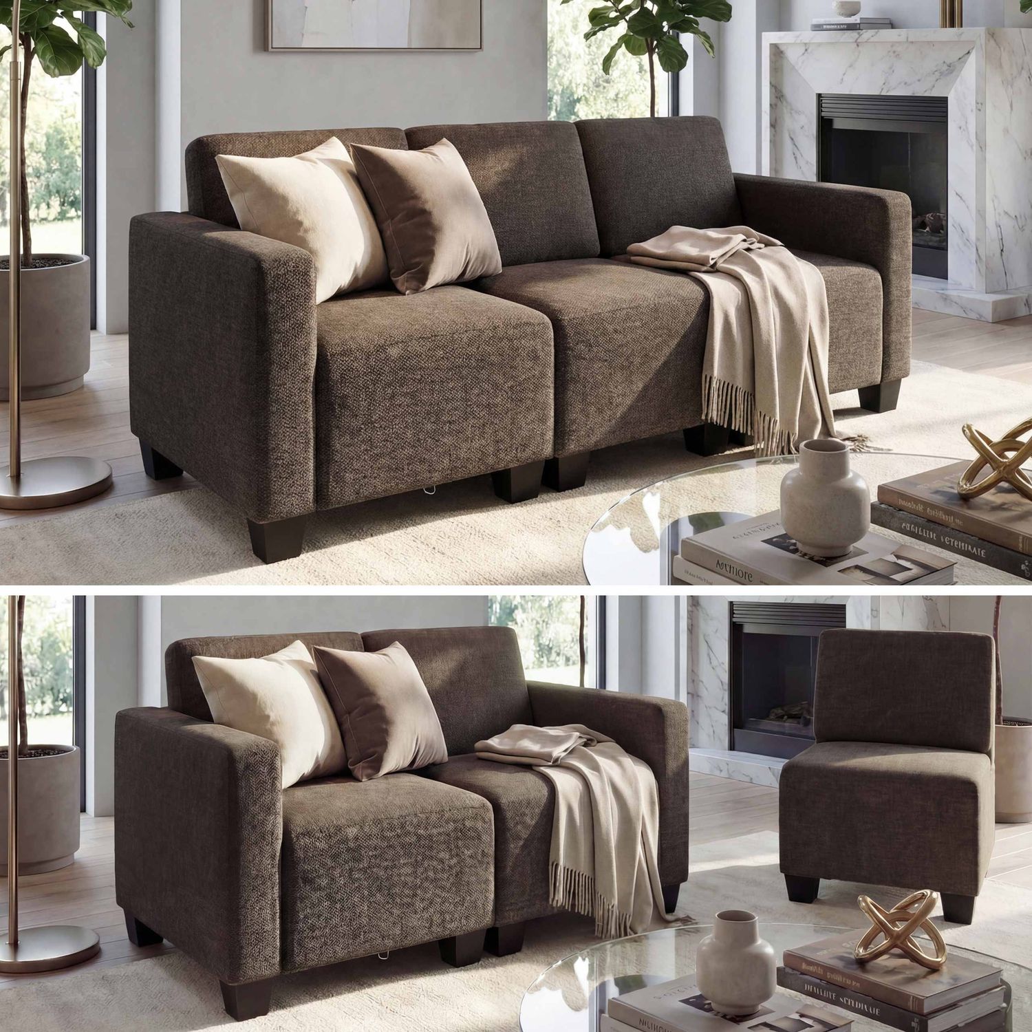 Modular 3-Sitzer Sofa Couch Lyon, Stoff/Textil ~ braun Bild 1