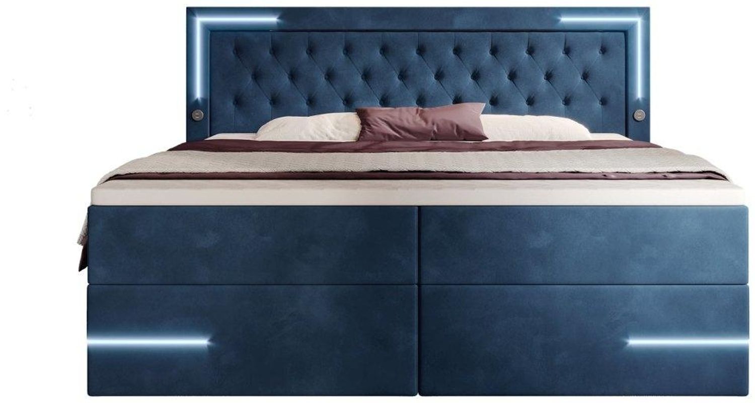 Boxspringbett Carlotta mit LED, Stauraum und USB (Samt) 140x200 Blau H2 (bis 70kg) Bild 1