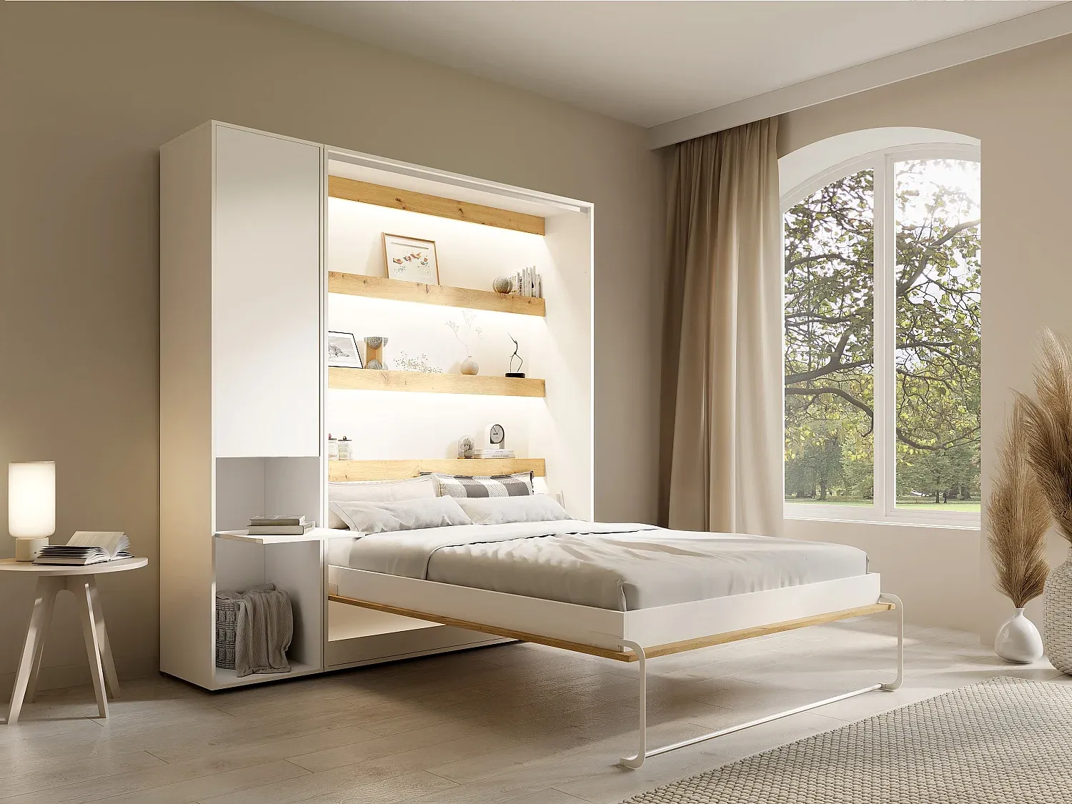 Vente-unique - RAPILI Bett Holz, Platte BeigeWeiß - B 50 cm239,2 cm x H 225,2 cm x L 209 cm Bild 1