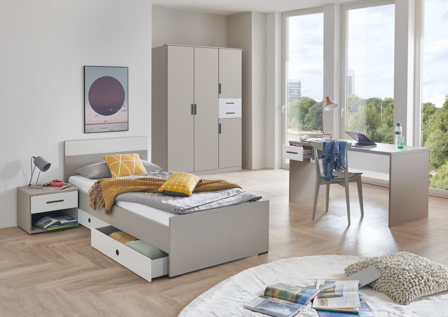 Jugendzimmer Bahamas Grau- Weiß mit Drehtürenschrank und verschiedenen Bettvarianten und Zusammenstellungen wählbar - 6 teilig , Kleiderschrank + Jugendbett + 2 Bettschubkästen + Nachttisch + Schreibtisch Bild 1