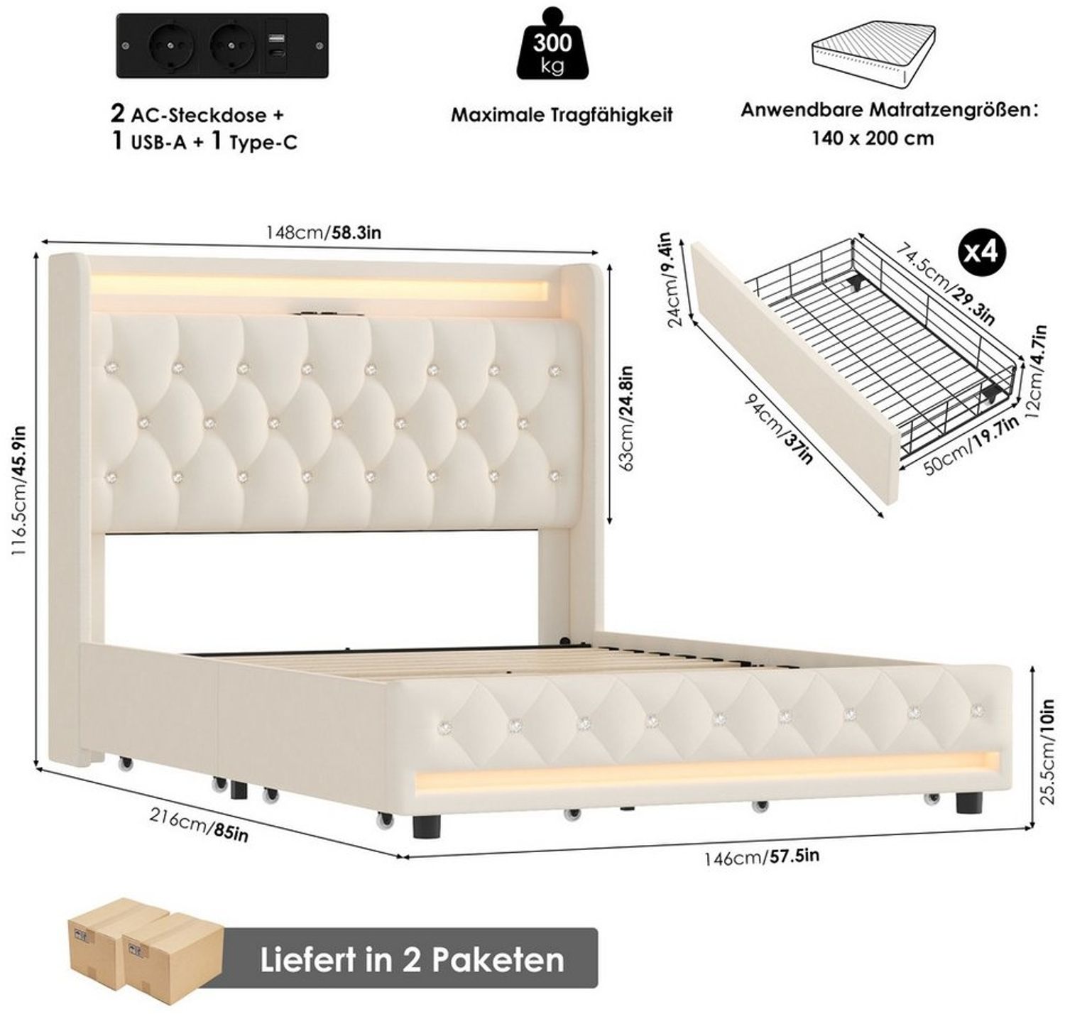 Homfa Polsterbett Doppelbett 140x200 Stauraumbett, mit Ladefunktion und 4 Schubladen, LED-Beleuchtung, ohne Matratze Bild 1