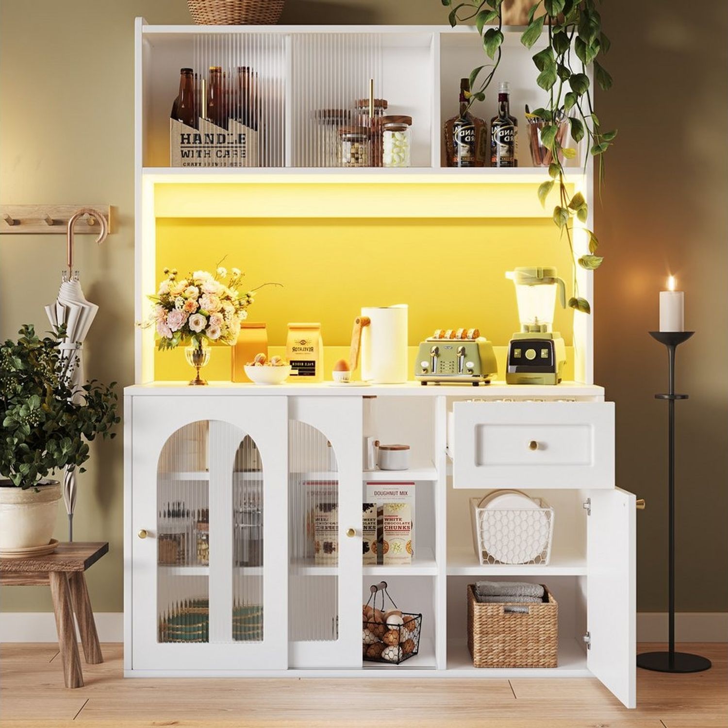 Flieks Küchenbuffet mit LED-Beleuchtung, Glas-Schiebetüren und Schubladen (1-St, B120/T35/H167 cm) Hochschrank Küchenschrank Geschirrschrank mit verstellbare Ablagen Bild 1