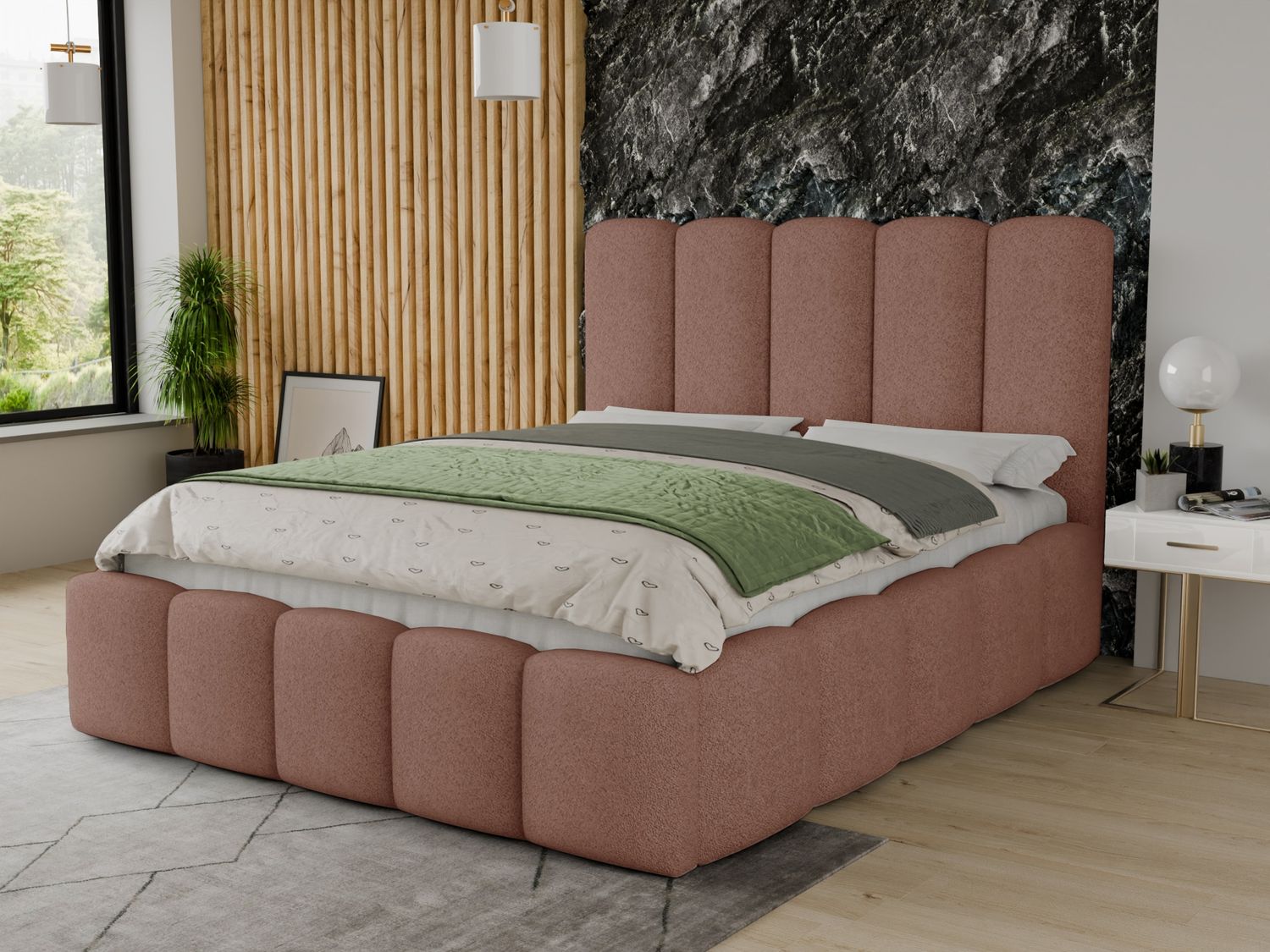 Polsterbett Aura - Bettkasten mit Gasdruckfedern - Doppelbett mit Lattenrost, Bett mit Polsterkopfteil, Bettgestell, Schlafzimmer, Bouclé-Stoff (180 x 200 cm, Rosa (Coral 45)) Bild 1