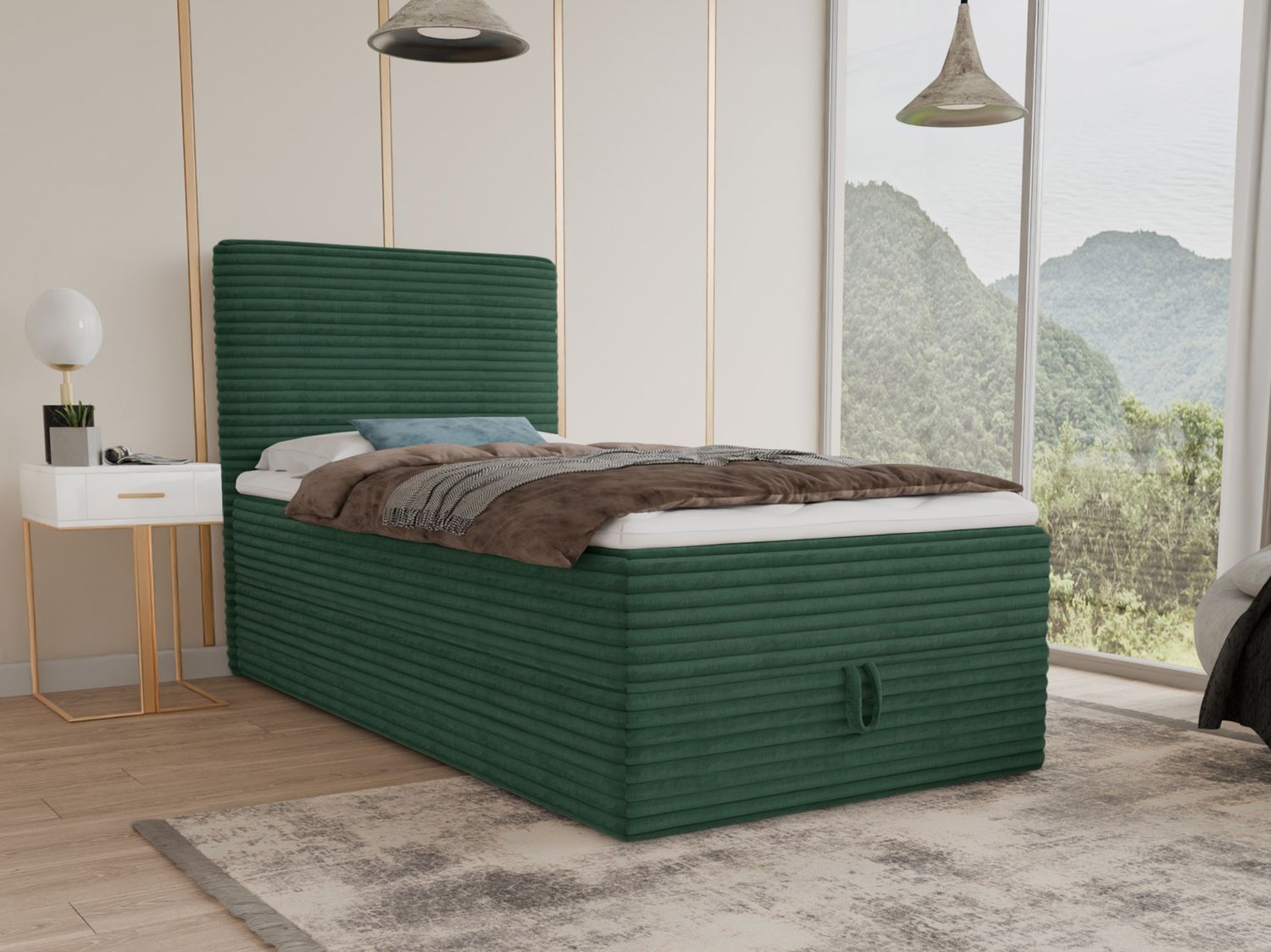 Boxspringbett Mollo Mini mit Bettkasten und Matratzentopper - Einzelbett mit Bonell-Matratze und Topper, Polsterbett in weichem Cordstoff, Bett, Schlafzimmer (Grün (Tilia 39), 90 x 200 cm) Bild 1