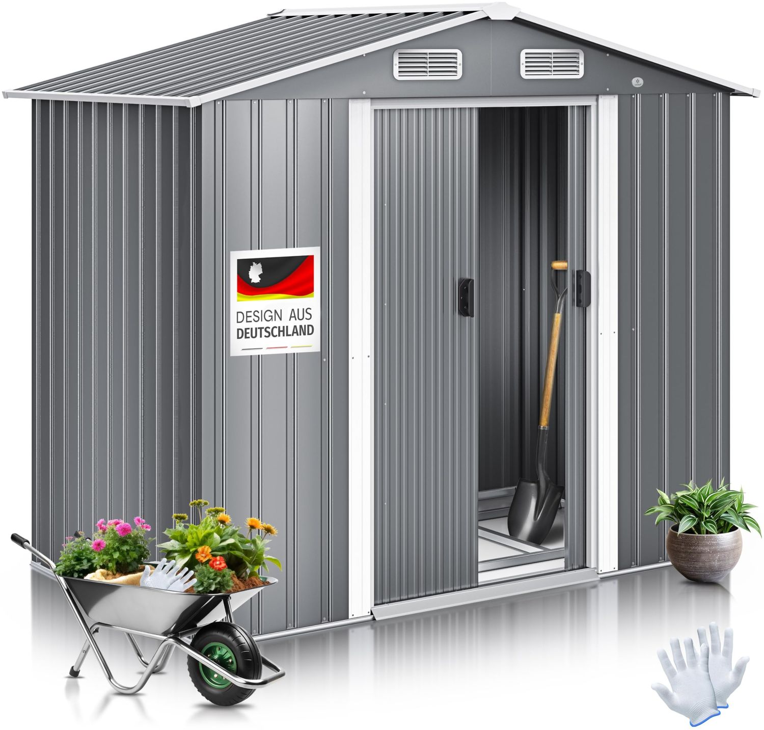 KESSER® XL Gerätehaus 4,2m³ mit Fundament und 2x Schiebetür, inkl. Arbeitshandschuhe, Metall grau, 195 x 131 x 186 cm, 4,2m Bild 1