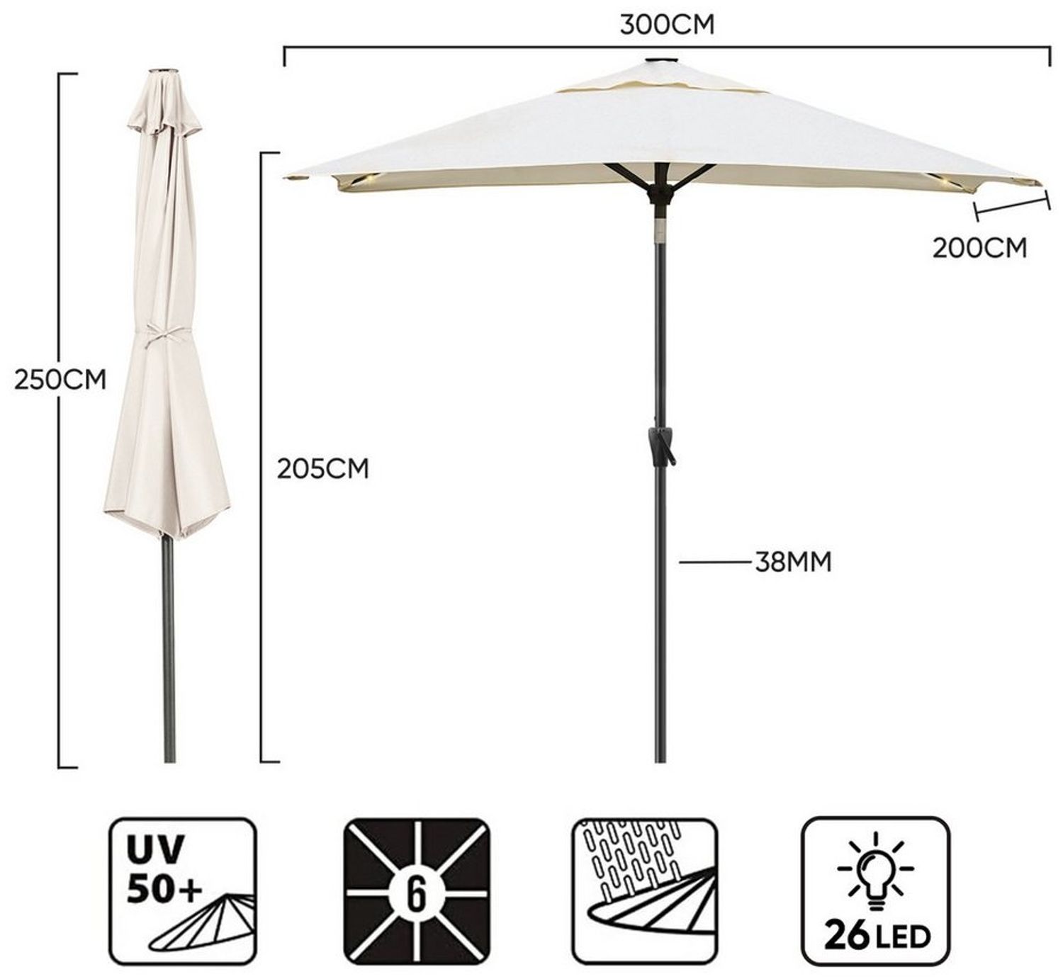 Sekey Sonnenschirm mit LED-Beleuchtung, Kurbel & UV50+, knickbar, Aluminium creme, 200 × 300 cm Bild 1