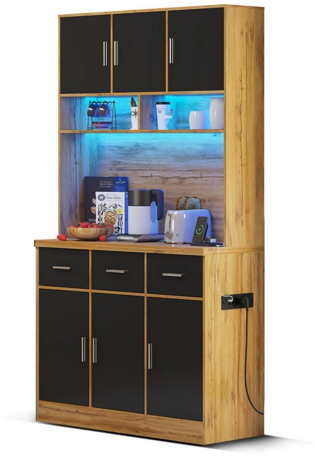 Flieks Küchenbuffet mit LED-Beleuchtung und Steckdosen (1-St, 100x40x180cm) Hochschrank Küchenschrank Geschirrschrank mit verstellbare Ablagen Bild 1