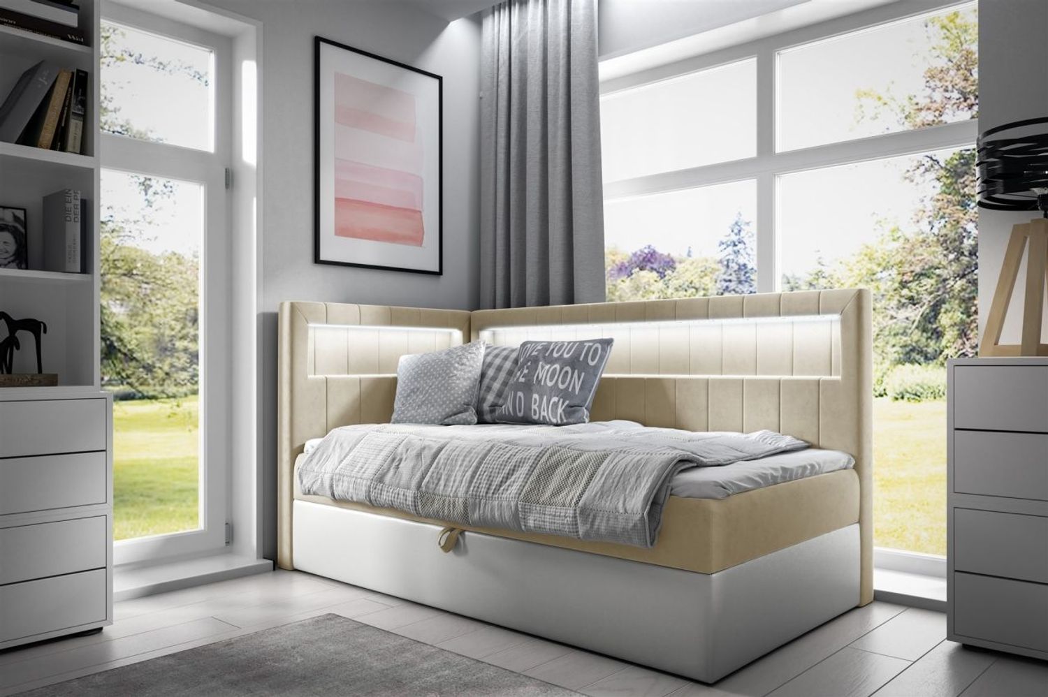 Boxspringbett Gästebett Kinderbett FABIAN Nr. 3 80x200cm Weiss-Beige Seite Links Bild 1