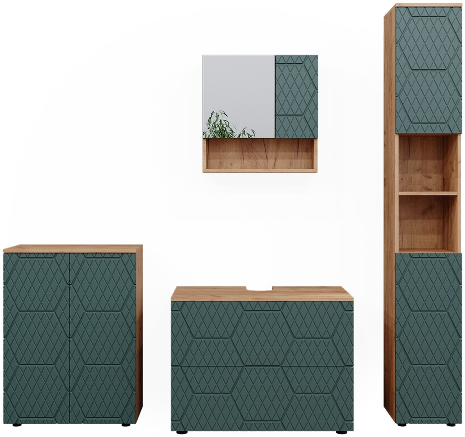 Badmöbel-Set Irma Grün/Goldkraft Eiche 4 Teile, mit Schubladenschrank und Midischrank Vicco Bild 1