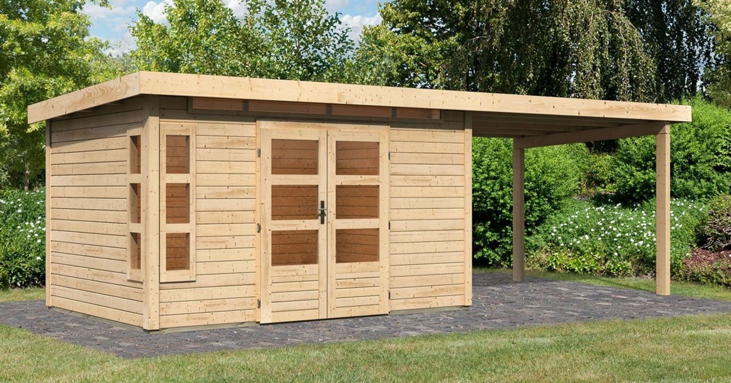 Gartenhaus Kastorf 7 - 364x244 cm plus Anbaudach 3,20m, 28 mm Holz naturbelassen, Karibu Bild 1