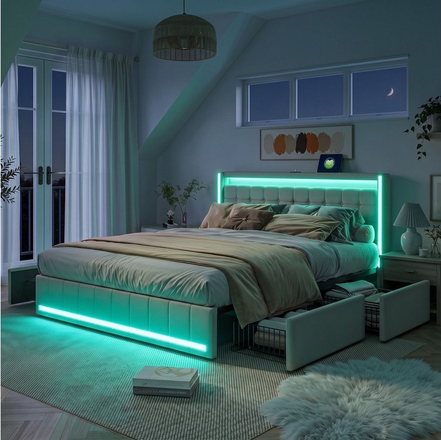 PXloue Polsterbett LED-Bett mit Stauraum und Ladeanschluss (Geeignet für Jugendliche und Erwachsene), Fernbedienung für LED-Farben und sicheres Leinenmaterial. Bild 1
