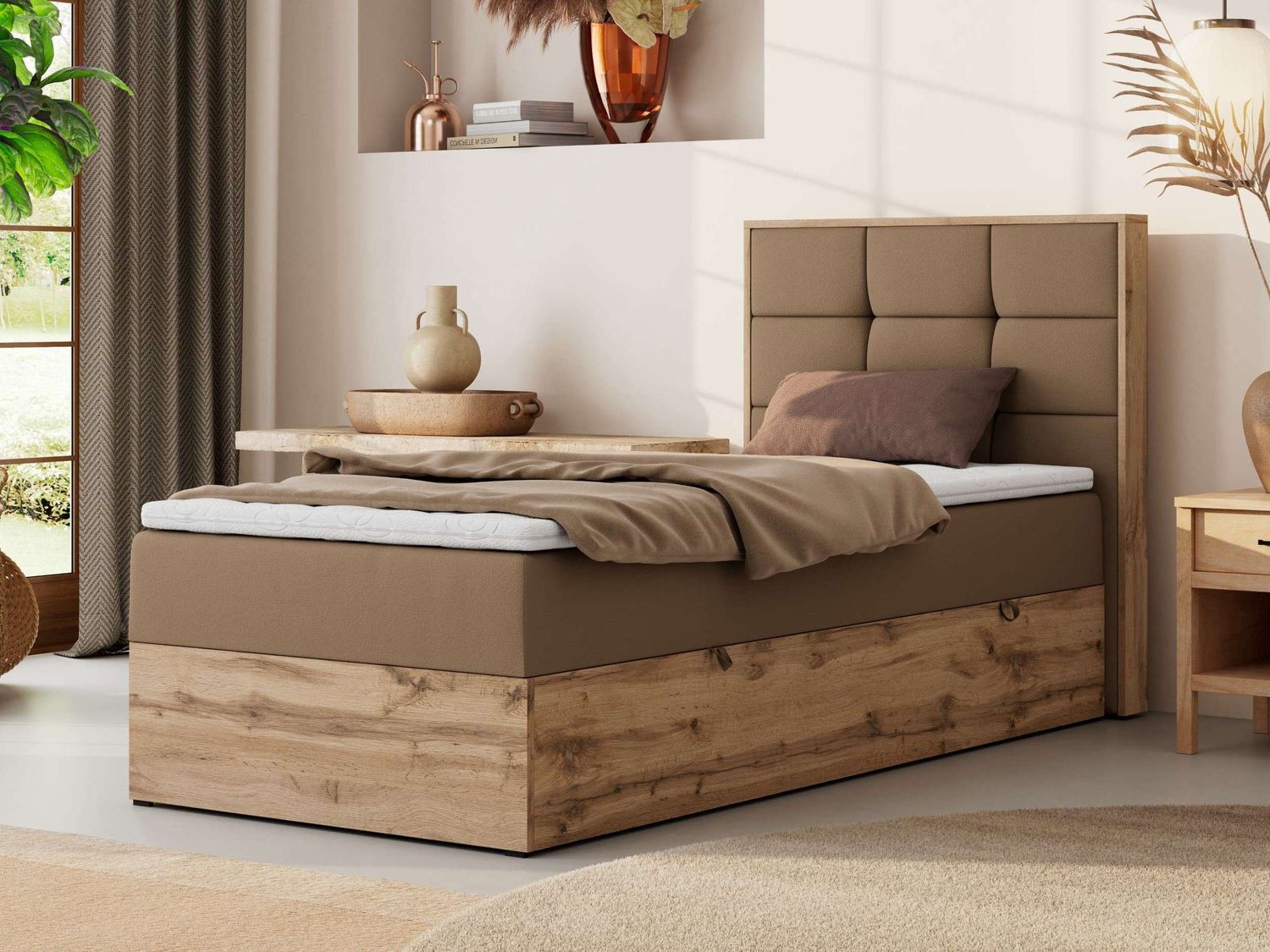 Boxspringbett ALBERO 1 90x200 mit Stauraum, 7-Zonen Multipocket Matratze H3, Bettkasten mit Federautomat, Öffnungsseite wählbar, Hotelbett - Braun Kunstleder - Topper T25 - Rechts Bild 1
