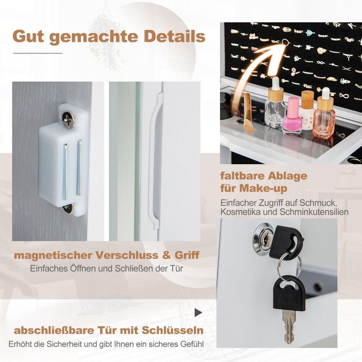 Schmuckschrank mit Spiegel Schmuck Spiegelschrank mit verstellbaren LED-Leuchten 54,5 x 54,5 x 160 cm Weiß Bild 1