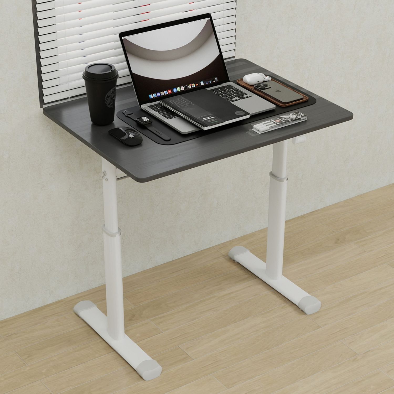 Höhenverstellbarer Schreibtisch manuell mit Kurbel,Steh-Sitz Tisch für Home Office, Doppelsäulen Gestell, stabil Schreibtisch,Grau Bild 1