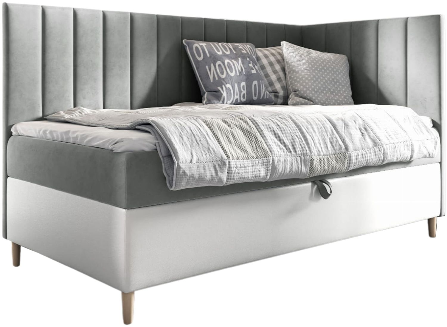 MEBLINI Kinderbett mit Bettkasten MAYA 3 80x200 Rechts – H3/Grau Samt Gepolstert Einzelbett mit Matratze - Polsterbett mit Stauraum - Bett mit Kopfteil – Stauraumbett Bild 1