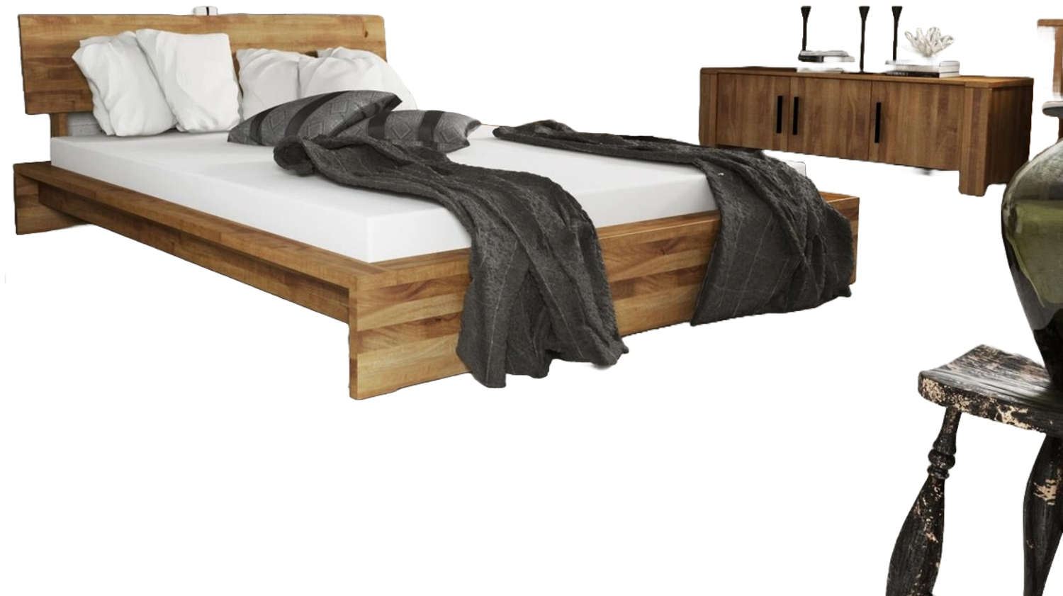 Bett Lubic 1 Sonderlänge 160x210 Wildeiche Sprossenkopfteil und Holzfußgestell Bild 1