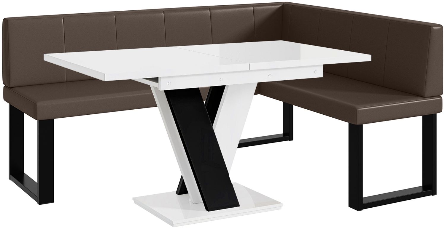 MEBLINI Eckbank für Esszimmer mit ausziehbarem Tisch - Küchenbank - Essecke - Sitzecke Küche - PETER - U-Beine 128x168x87cm Rechts - Braun Kunstleder/M Weiß-Schwarz Hochgl. Bild 1