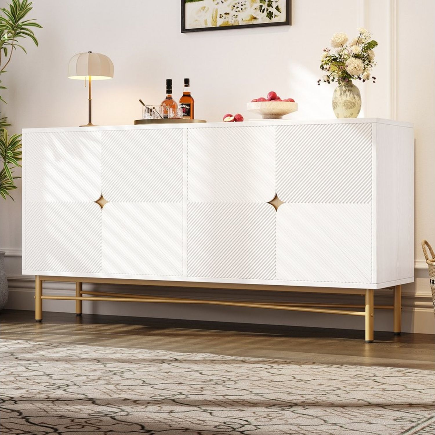 Flieks Sideboard mit 4 Türen und verstellbaren Einlegeböden (1 St, 160×40×82 cm), Mehrzweckschrank Wohnzimmerschrank Holzschrank Weiß, Metallgestell Bild 1