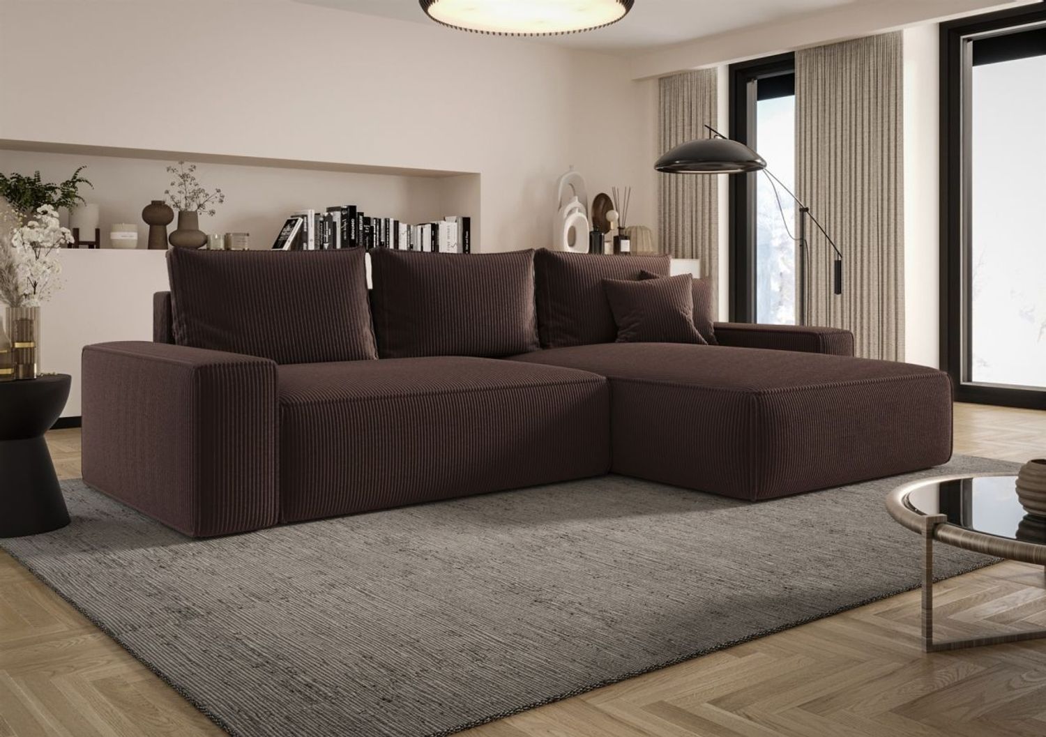Ecksofa Schlafsofa Sofa WALKEN Stoff Poso Schokobraun Ottomane Rechts Bild 1
